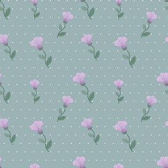 Seamless pattern the cute purple flowers with dots on the gray background.Can be used to create paper for wrapping gifts, wallpaper, fabrics, home textiles and floral texture for website. Vector
