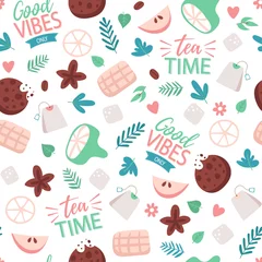 Fotobehang Cartoon seamless pattern with tea elements © rosypatterns