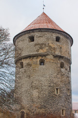 Fototapeta na wymiar Historic tower defense tower in Old Town in winter. Estonia