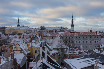 View from a high point on Old Town Tallinn on a winter evening. Estonia