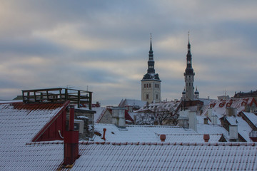 View from a high point on Old Town Tallinn on a winter evening. Estonia