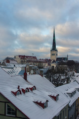 View from a high point on Old Town Tallinn on a winter evening. Estonia