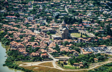 One of the oldest cities in Georgia - Mtskheta city seen from Holy Cross Monastery of Jvari in Georgia