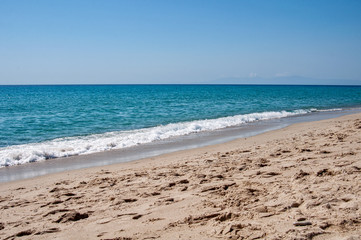 Halkidiki, Greece - September 01,2019: Possidi Beach on Halkidiki, Greece. Blue sea on Aegean sea.