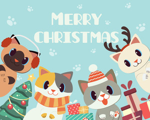 The banner of cute cat in christmas theme for merry christmas. The character of cute cat wear a scarf and winter hat and deer horn with a giftbox and christmas tree. The cute cat in flat vector style.