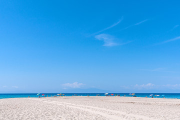 Halkidiki, Greece - September 01,2019: Possidi Beach on Halkidiki, Greece. Blue sea on Aegean sea.