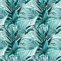 Naklejka na ściany i meble Tropical leaves seamless pattern. Artistic background.
