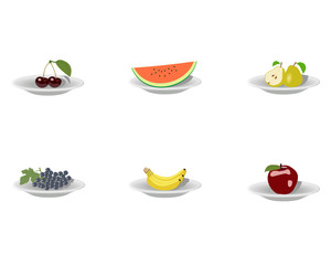 set of fruits and vegetables.fruit on a plate. six kinds of juicy fruits like cherry, melon, pear, grape, banana and apple