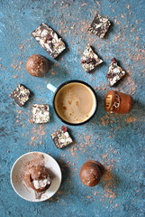 Fototapeta na wymiar Cup of coffee, chocolate, cocoa powder