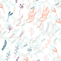 Trendy outline native foliage and leaves seamless pattern. Small and medium elements paradise flora leaves.Vector illustration.
