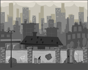 Silhouette of the city.Gloomy city with a wall and black cat in the foreground,card background smog city