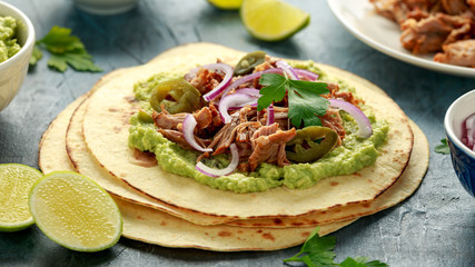 Mexican Corn tortilla with shredded Pork, avocado, red onion and jalapeno