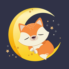 The character of cute fox sleepping on the half moon with a star in the dark blue background. The cute fox relaxing on the moon. The character of cute fox in flat vector style.