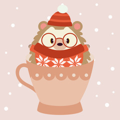 The character of cute hedgehog wear a red winter hat and big glasses and red  sweater and sitting in the big pink cup on the pink background with white snow. The cute hedgehog in flat vector style.