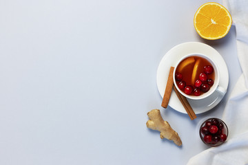 Orange and cranberry non-alcoholic punch with orange slices and spice on neutral pastel grey background.