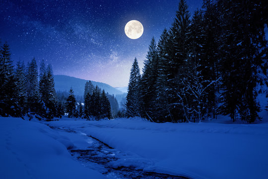 frozen and snow covered mountain river at night. carpathian winter landscape in full moon light light. spruce forest on the river bank