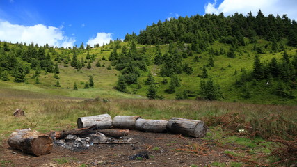 Lovely camping site in green Carpathian mountains, Ukraine
