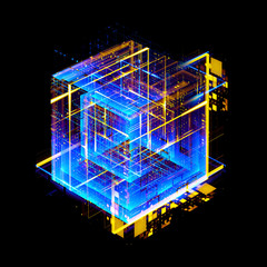 Abstract dark background. Bright box. Shine square. .Light geometry. Smart code. Energy effect. Big data. .Digital chip. Glare grid lines. Glow cubes. CPU core. .Hi Tech. Mobile innovation. SSD Board