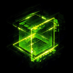 Abstract dark background. Bright box. Shine square. .Light geometry. Smart code. Energy effect. Big data. .Digital chip. Glare grid lines. Glow cubes. CPU core. .Hi Tech. Mobile innovation. SSD Board