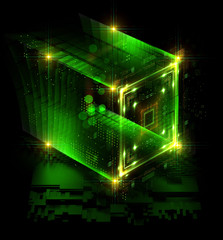 Fototapeta premium Abstract dark background. Bright box. Shine square. .Light geometry. Smart code. Energy effect. Big data. .Digital chip. Glare grid lines. Glow cubes. CPU core. .Hi Tech. Mobile innovation. SSD Board