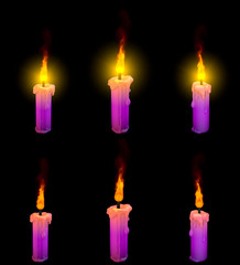 pretty thin purple glowing wax candle with and without highlight isolated render, tradition concept - 3D illustration of objects