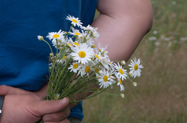 a man holds a bouquet of wild daisies behind his back to please his beloved,