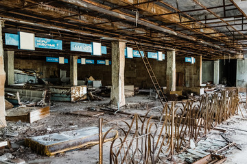 The territory of the abandoned trade centre in the ghost town of Pripyat, Ukraine