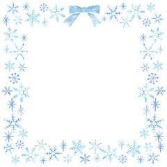 手描き　水彩　雪の結晶　正方形　リボン