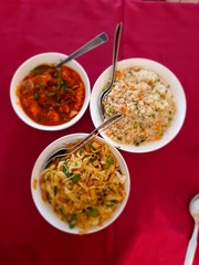 fried rice, noodles and chicken starter
