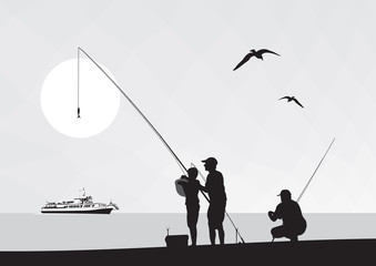 An elderly fisherman on the shore with a spinning rod. Fishing at sea. Mountains, seagulls, ship