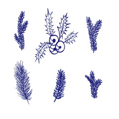 set of winter floral elements blue ink vector