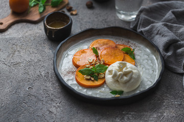 Buratta italian cheese snack served on handmade plate