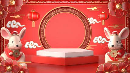 3d render image of red geometric podium.chinese tradition podium for beauty branding cosmetic or any product.Concept Shopping podium for chinese rat year.