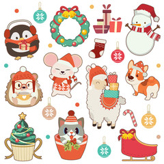 The collection of cute animal in christmas theme set in white background.The cute penguin and hedgehog and mouse and alpaca amd corgi dog and cute cat and snowman. The cute animal in flat vector style