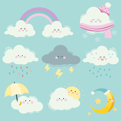 The collection of cartoon cloud set. The character of cute white cloud with many emotion.The cloud with sun and moon and star and rainbow and umbrella. The character of cute cloud in flat vector style