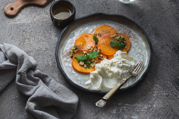 Buratta italian cheese snack served on handmade plate