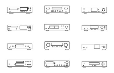 Audio equipment icons. Amplifier and media player. Vector thin line