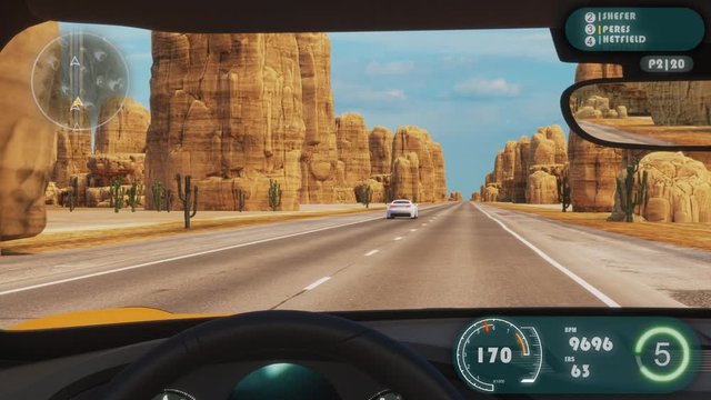 Speed Racing 3d Video Game Imitation With Interface. Sports Cars Compete On The Desert Road With Rocks. Gameplay Screen. View From The Inside The Car
