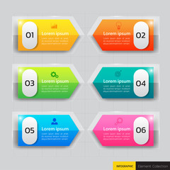 Infographics template 6 options with horizontal banner, can be used for workflow layout, diagram, website, corporate report, advertising, marketing. vector illustration.