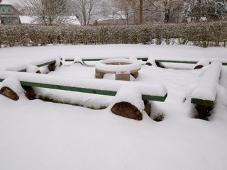 Frozen Camp Fire place. Place for tramps meet at camping fire.