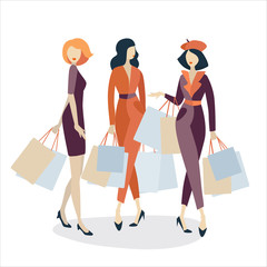 three happy fashion women goes shopping with many packages flat vector illustration