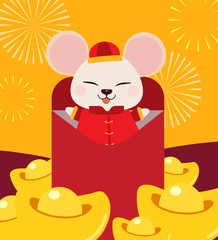 The character of cute mouse with chinese gold and fireworks. The cute mouse wear chinese suit and sitting in the big letter year of the rat. The character of cute mouse in flat vector style.