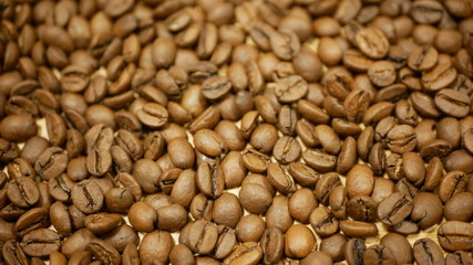 Coffee beans detail roasted cultivated Brazil. Variety Coffea arabica organic bio coffee espresso Italian preparation refreshing, shop store healthy, plant roasting Arabian, light brown background