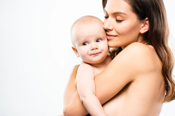 portrait of together naked mother holding baby, isolated on white