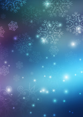 Blurred festive abstract background. Blurry bokeh lights, snowflakes, neon glow