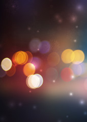 Blurred festive abstract background. Blurry bokeh lights, snowflakes, neon glow