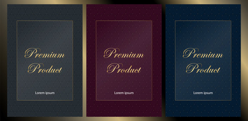 Collection of Premium quality menu design, golden foil. Exclusive production and luxury brand. Template with texture for product, cover, annual raport. Black paper cut background. VIP design. Flyer.
