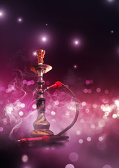 Hookah with smoke on a background of blurry lights. Abstract background, neon glow