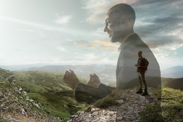 Happiness. Businessman with landscapes on background, double exposure. Lives in megapolis but needs...
