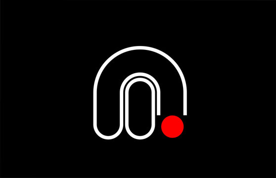 letter m logo line black background alphabet design icon for business with red dot